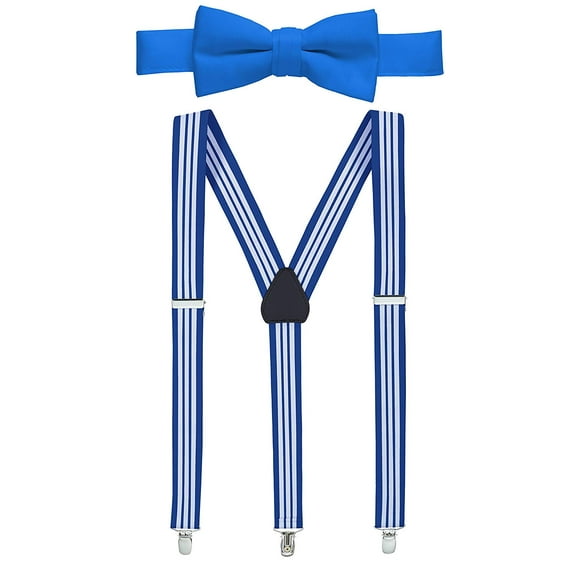 Hold’em 1" Teens & Men Suspender and Bow Tie Set Pre-Tied Bow Tie - Striped Royal and White