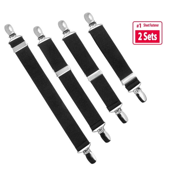 Holdem Bed Sheet Fastener Suspenders - Adjustable, Straight or Crisscross Sheet Strap Holder Clips Black & White