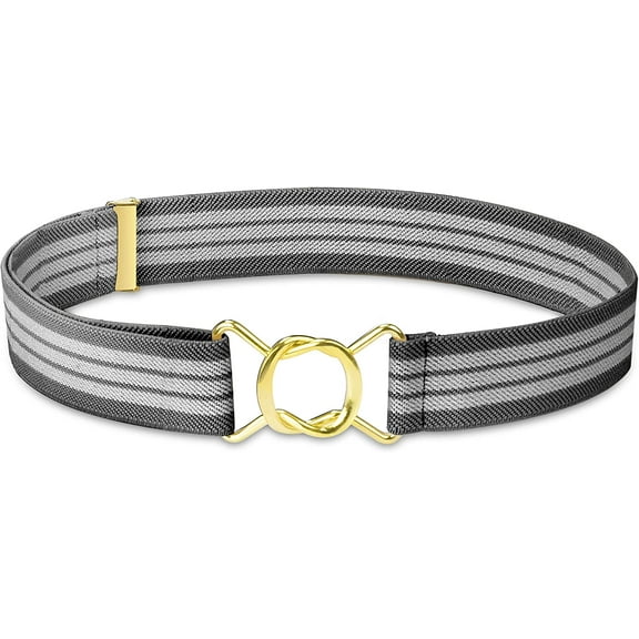 Hold’em Belts for Boys Brass Twisted Toddler Stretch Elastic Buckle Belt for Male Kids - Striped Grey and White