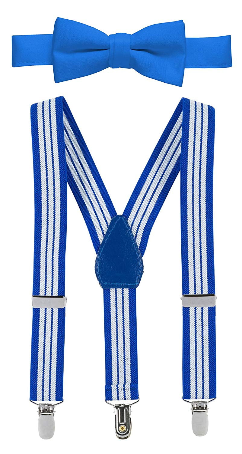 Hold'em Bow Tie Set, Baby Pre-Tied Bow Tie, 1' Suspender for Toddler Kids - Striped Royal and White