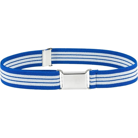 Hold'em Elastic Belt for Toddler Unisex Kids with Silver Square Buckle - Striped Royal and White