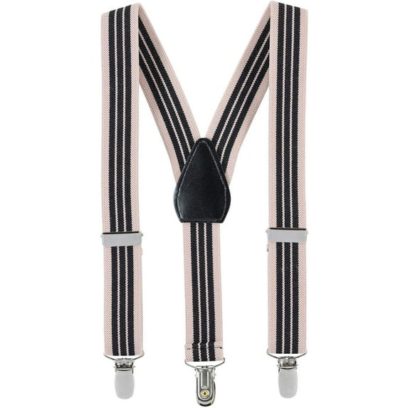 Hold’em Suspenders for Boys and Baby-Leather Metal Clip - Beige and Black Striped (22")