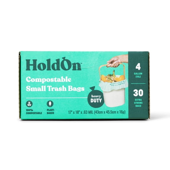 HoldOn Heavy-Duty Compostable 4-Gallon Small Bin Bags, 30 Count
