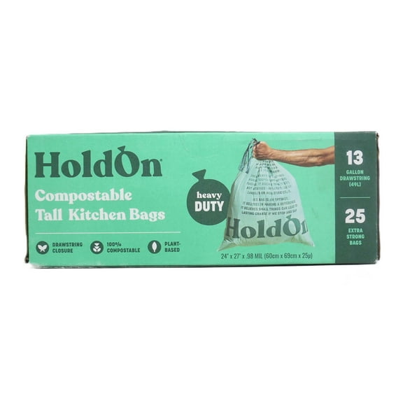 HoldOn Heavy-Duty Compostable Tall Kitchen Drawstring Bags, 13 Gallon, 25 Count