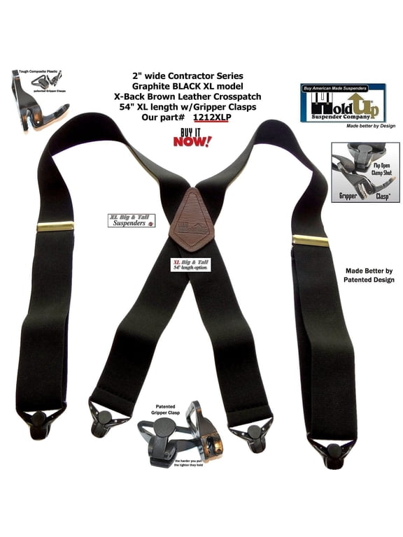 HoldUp Big and Tall XL Black 2" Suspenders with Gripper Clasps