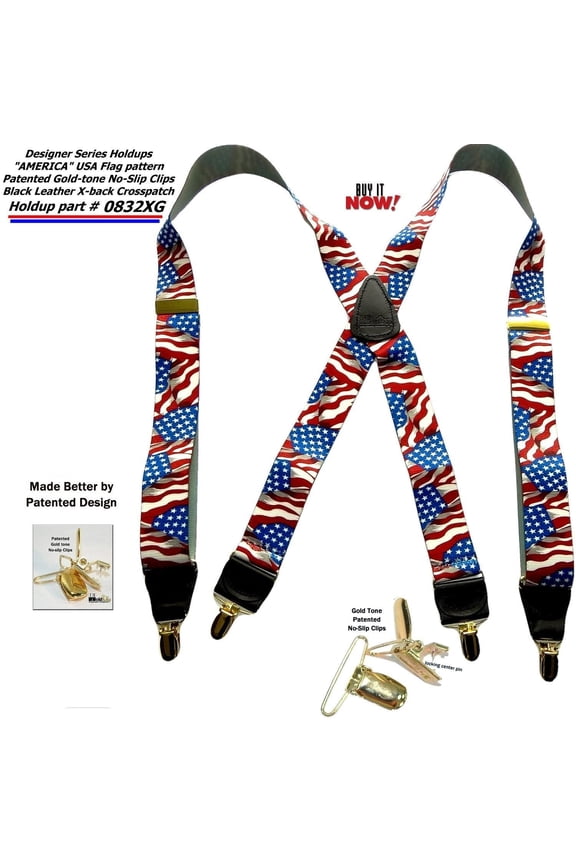 HoldUp Brand X-back Suspenders in American Flag Pattern with patented Gold-tone no-slip clips