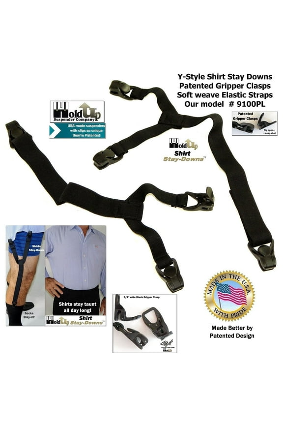 HoldUp Dress Shirt Stay Downs Y-style Shirt Tail garter straps with Patented Plastic Gripper Clasps