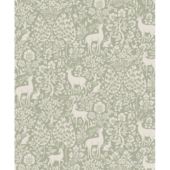Holden Decor Deer Woods Sage Green Wallpaper, Woodland Deer Forest Scene Design, Paste-the-Paper Wallpaper Roll, 21in x 33 ft (56 sq ft Coverage)