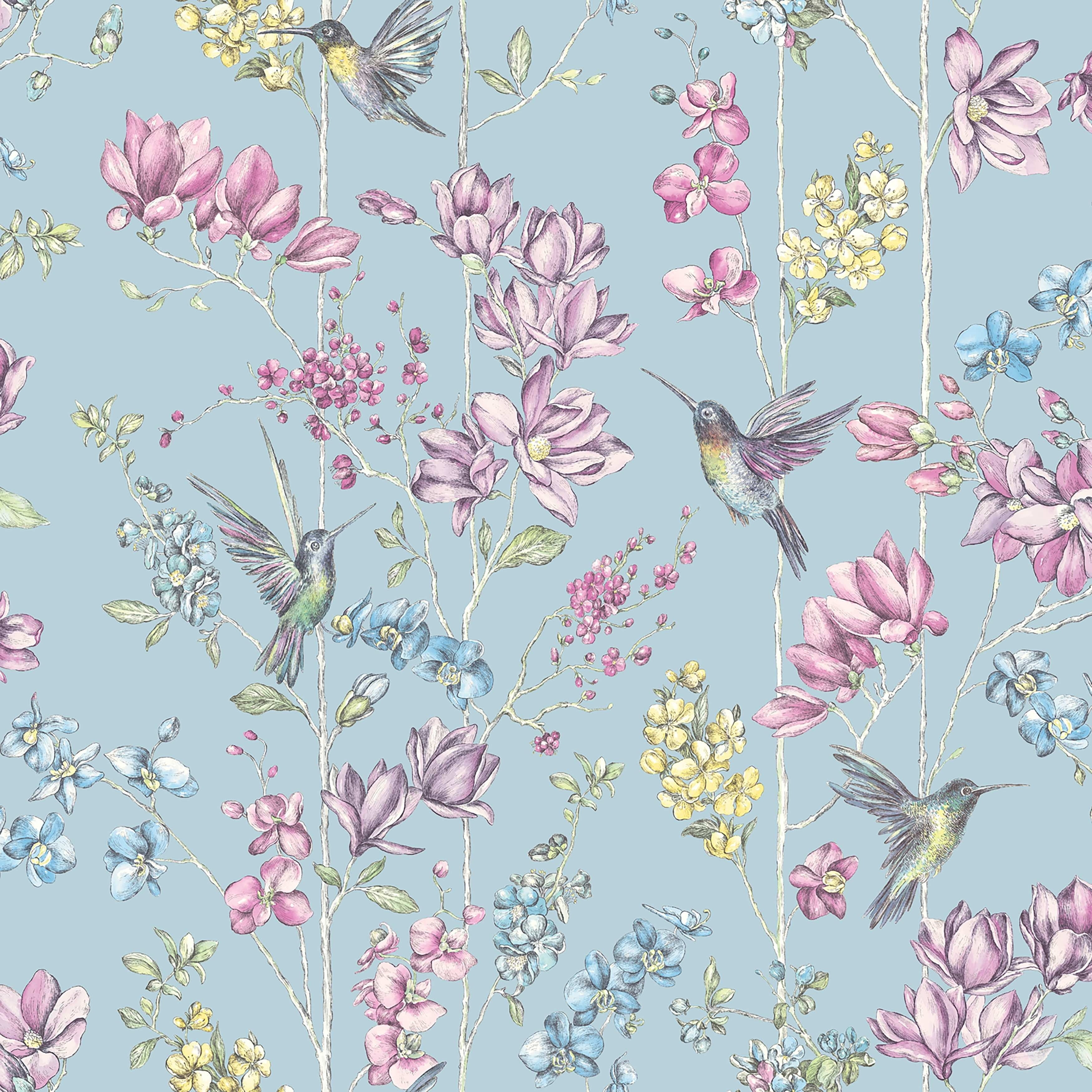Teal Non-Pasted Hummingbird Trail Wallpaper with Glitter Highlights