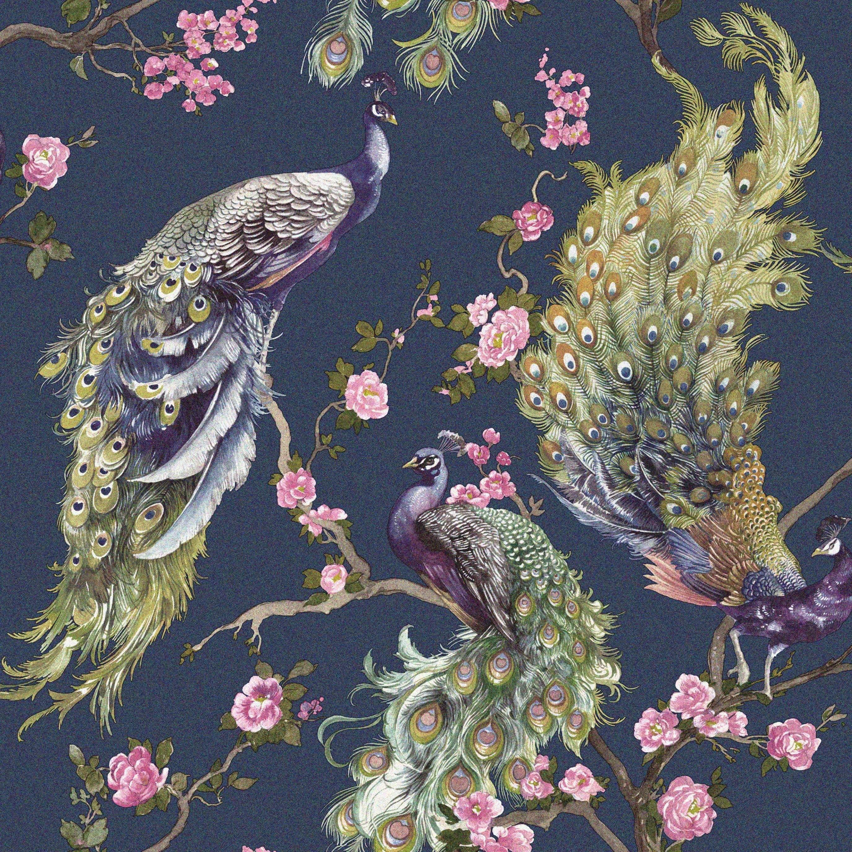 Navy Peacock and Floral Embossed Vinyl Wallpaper 396in x 20.8in