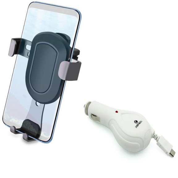 Holder Air Vent Car Mount w MicroUSB Retractable Charger for BLU Pure View, R1 Plus, Life One X3, Tank Extreme Pro (T0010UU), Grand M - CAT S41 - Coolpad Canvas, Illumina, Defiant, REVVL Plus