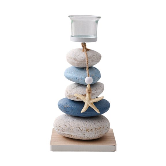 Candlestick Unique Coastal Type Colored Stone Wooden Platform Holder Stand with a Touch ofNature