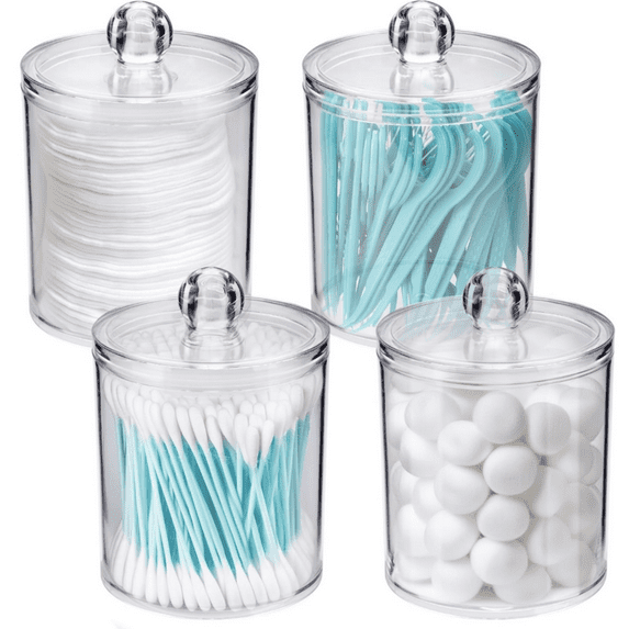 Holder Dispenser - Cotton Ball, Swab, Round Pads, Floss , Small Clear Plastic Apothecary Jar Containers with Lids for Bathroom Storage and Organization, Vanity Organizer