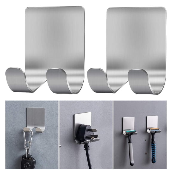 Holder Shaver Hook Hanger Stand(2 Pack)Self Adhesive Stainless Steel Heavy Duty Utility Storage Hook,Shower Hook for Razor,Bathroom Kitchen Organizer for Plug Robe Towel Loofah Bathrobe Coat