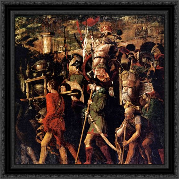 Holders of currencies and gold jewelry, trophies royal armor 28x28 Large Black Ornate Wood Framed Canvas Art by Andrea Mantegna