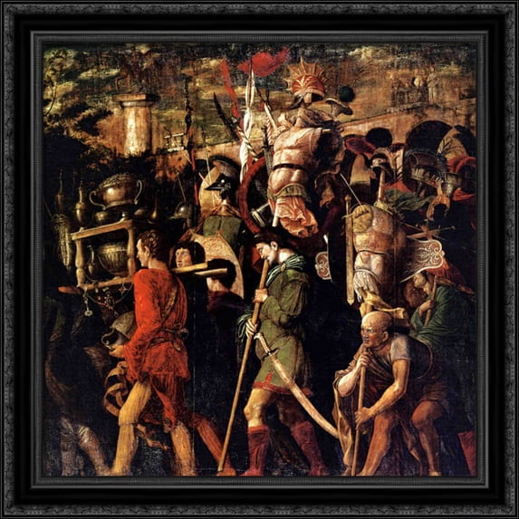 Holders of currencies and gold jewelry, trophies royal armor 28x28 Large Black Ornate Wood Framed Canvas Art by Andrea Mantegna