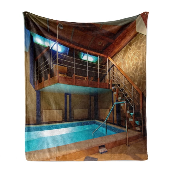 Holdiay Soft Flannel Fleece Throw Blanket, Swimming Pool Photography with Stairs Exotic Vacation Theme Tropical Summer Days, Cozy Plush for Indoor and Outdoor Use, 70" x 90", Multicolor, by Ambesonne