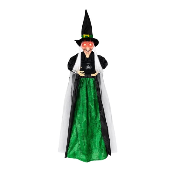 Holding Bowl Witch Animatronic Sound Activated Glowing Screaming Prop for Halloween Haunted House Escape Room Horror Themed Decoration