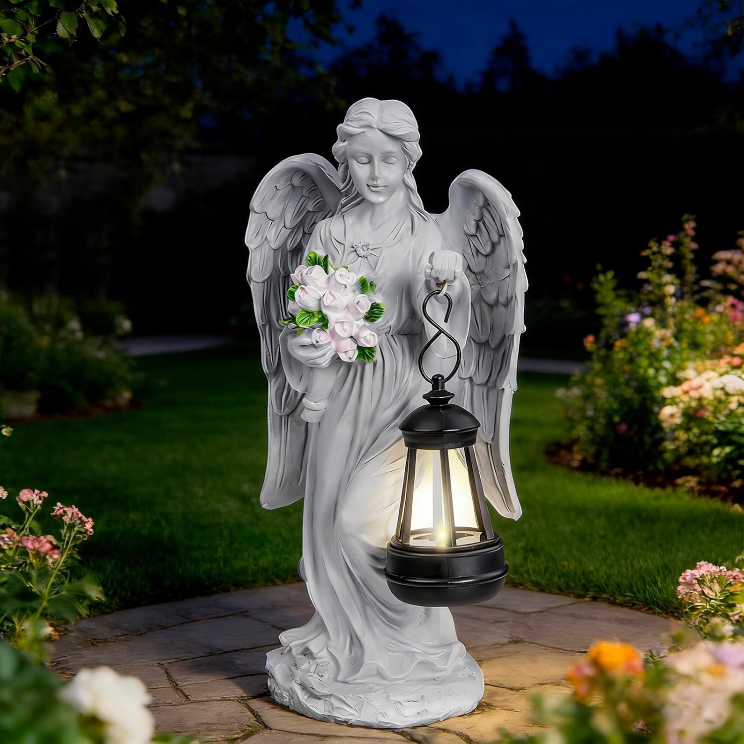 Holding Flowers Angel Garden Statue,Memory Guardian Waterproof Outdoor Solar Garden Decor with Warm Light,Praying Angel Figurine Sculpture for Lawn Yard Patio,Sympathy Gift
