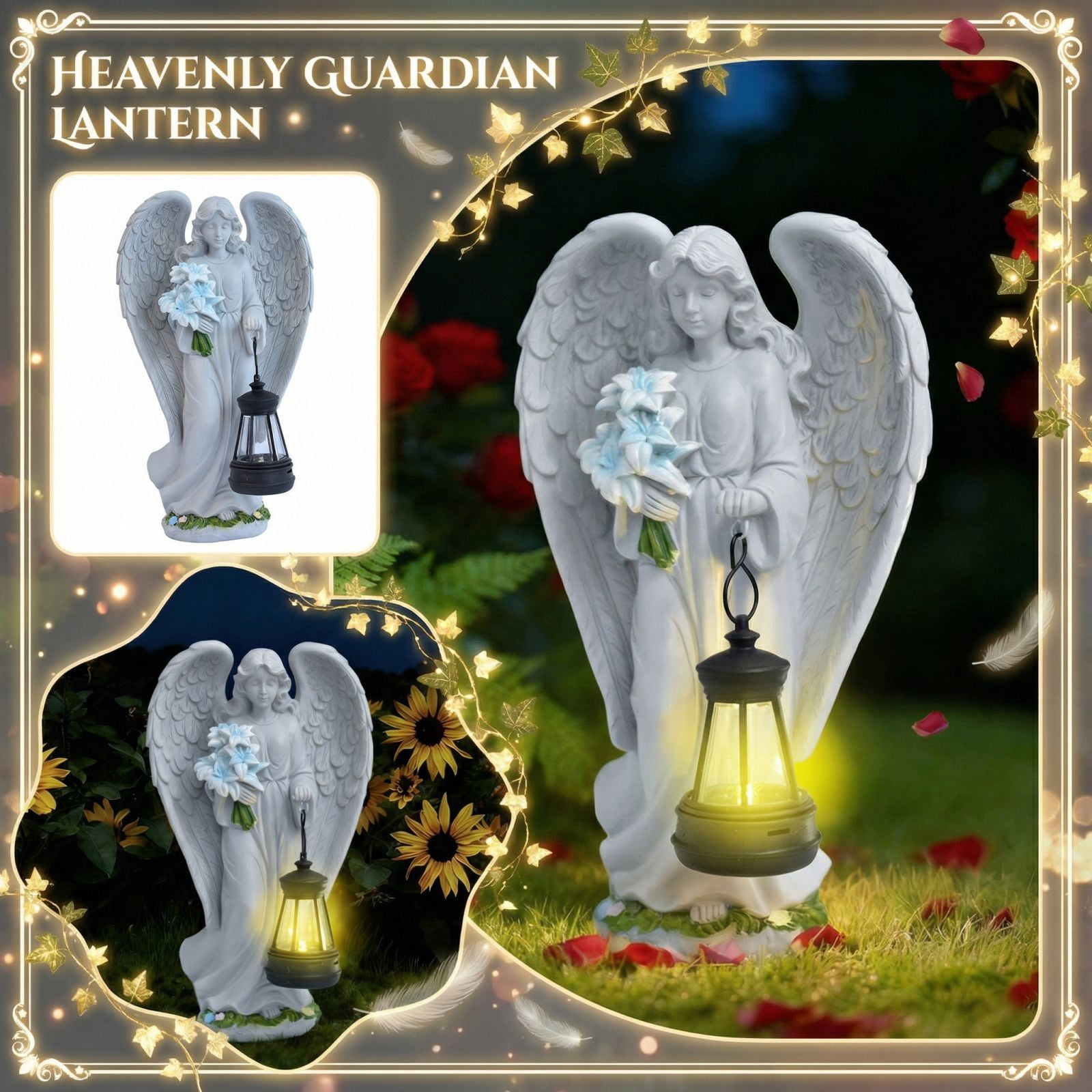Holding Flowers Angel Garden Statue,Memory Guardian Waterproof Outdoor Solar Garden Decor with Warm Light,Praying Angel Figurine Sculpture for Lawn Yard Patio,Sympathy Gift