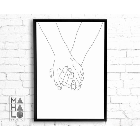 Holding Hands Illustration Wall Art, Valentines Day Gift Minimalist Art Black White Love Decor Couple Line Art Engagement Wedding Home Decor #3776, Unframed Poster Size 8x12