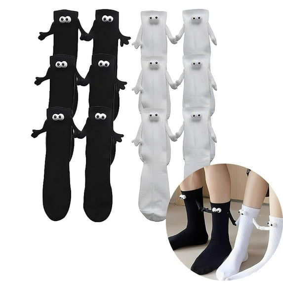 Holding Hands Socks, Couple Magnetic Hand Socks, Unisex Mid Tube Funny Hand In Hand Socks, 3D Doll Cute Gifts Socks for Women Men (Black&White,6Pairs)