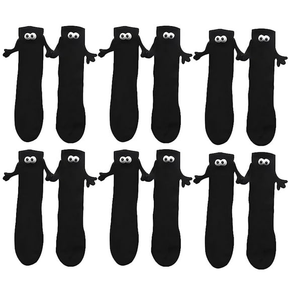 Magnetic Couple Holding Hands Socks, Hand-Holding Suction 3d Doll Funny Mid-Tube Socks for Men Women Couple (Black,6Pairs)
