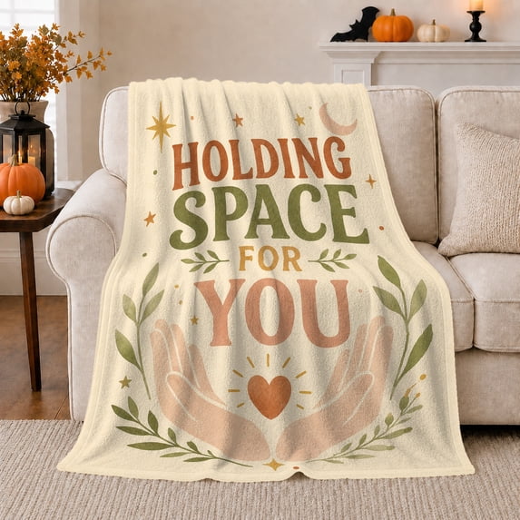 Holding Space For You Quote with Cupped Hands, Warm Boho Style for Self Care Fans, Heart Moon Branch Scene, Cozy Flannel Blanket for Bedroom and Dorm, Appreciation Gift and Positive Home Decor