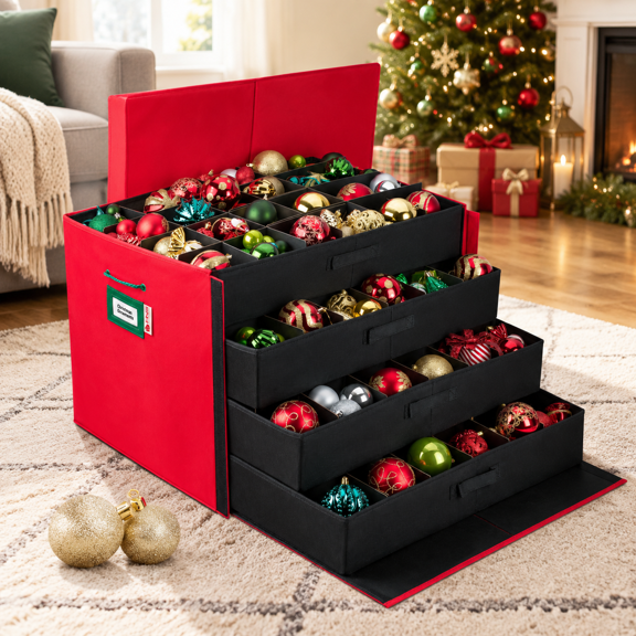 Holdn' Storagemas Ornament Box With Dividers Stores Ornaments Up To 96 Of 3 Inch Large Ball Containers 4 Trays - Red