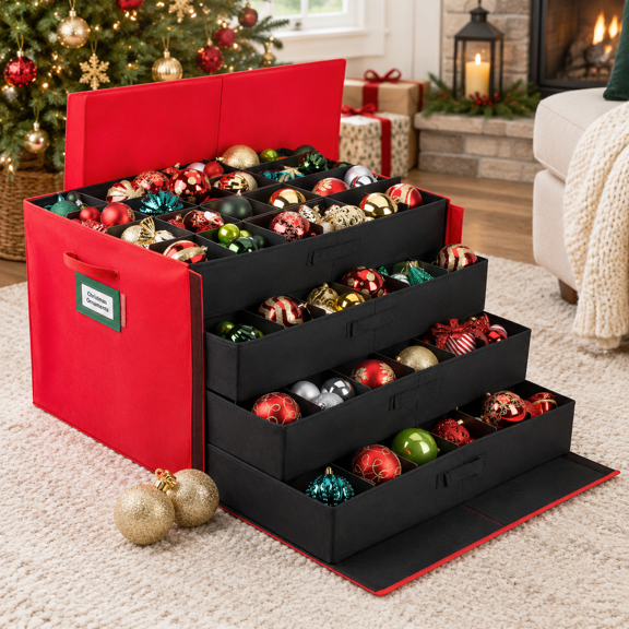 Holdn' Storchristmas Ornament Box With Dividers Stores Ornaments Up To 96 Of 3 Inch Large Ball Containers 4 Trays - Red