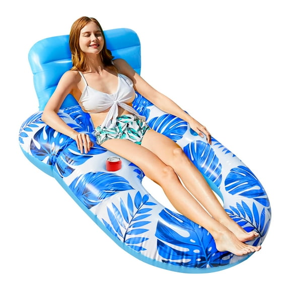 Holdpeak Lounge Pool Float Adult Size, Inflatable Lounger Float with Cup Holder & Backrest,Footrest(Blue)