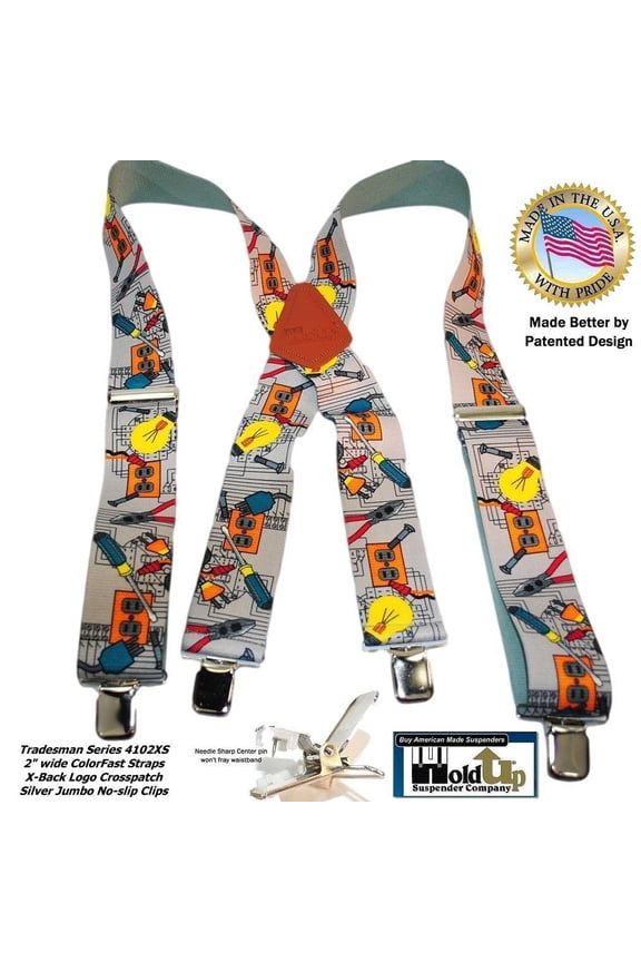 Holdup Brand 2" Wide Tradesman Work Suspenders in Electrician Pattern X-back with Patented No-slip Clips