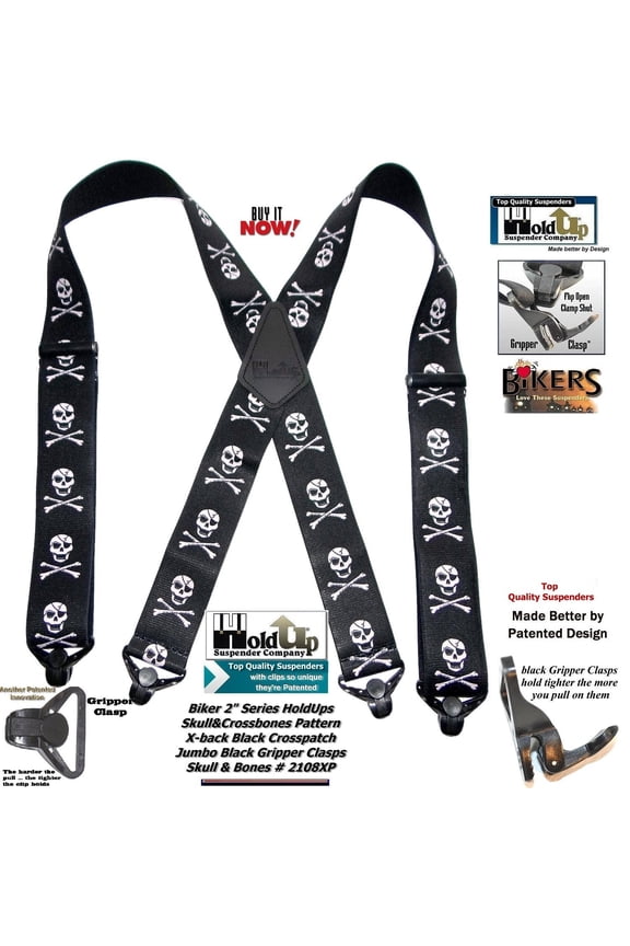Holdup Brand Biker Series Skull and Crossbones pattern X-back suspenders with black Jumbo Gripper Clamp Clasps