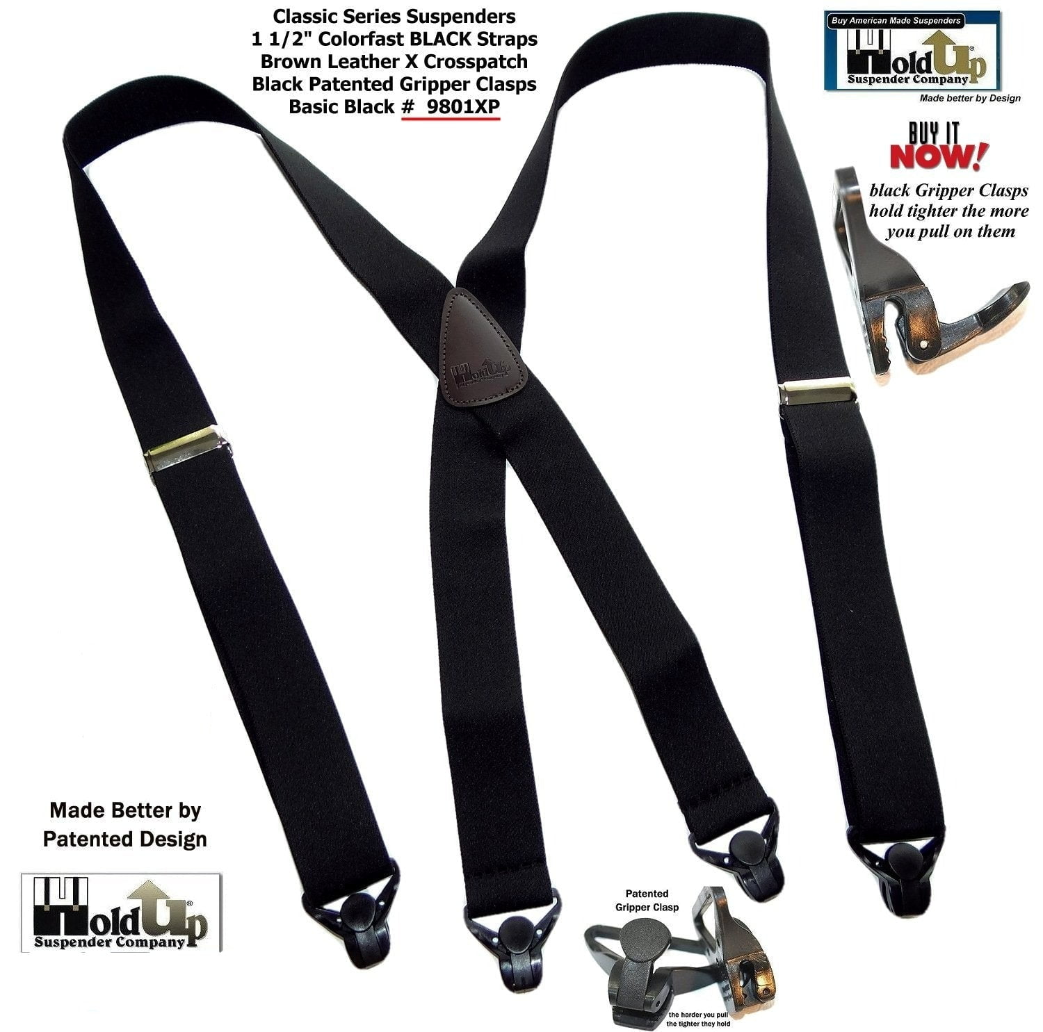 Holdup Brand Classic Series Basic Black Xback Suspenders With Black