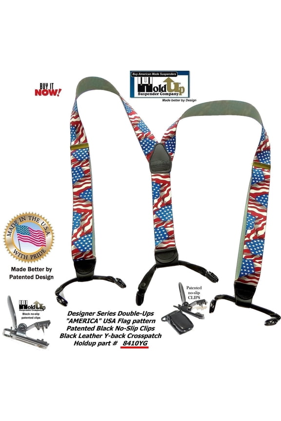 Holdup Brand Double-Ups Style Designer Series American Flag Pattern clip-on Suspenders