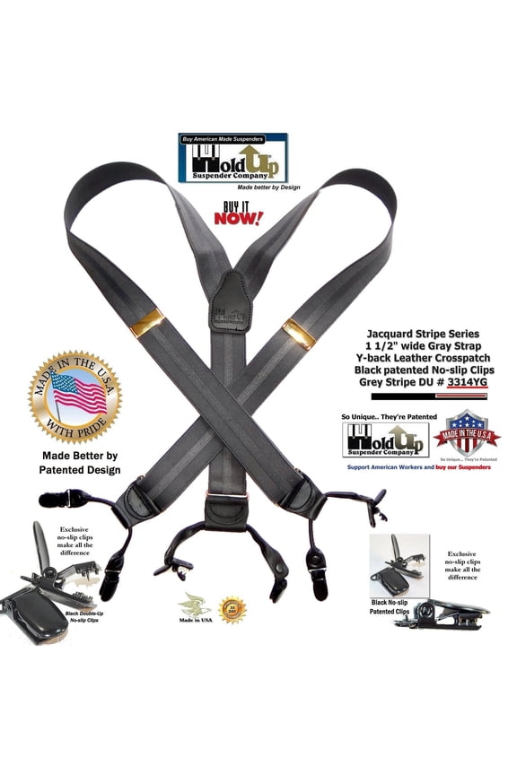 Holdup Brand Gray Stripe Jacquard Dual Clip Double-ups with Patented No-slip Metal Clips