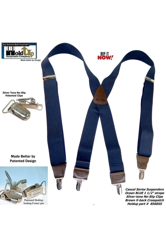 Holdup Brand Ocean Blue Casual Series Men's Suspenders in X-back Style and USA Patented No-slip Silver-tone Clips
