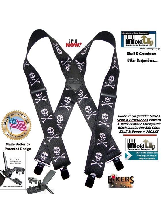 Holdup Brand USA made 2" wide Biker Skull & Crossbones pattern X-back suspenders with Jumbo no-slip clips