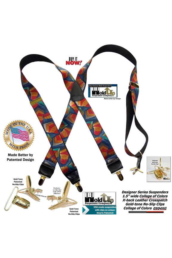 Holdup Collage of Colors Pattern X-back Suspenders and Patented No-slip Gold tone Clips