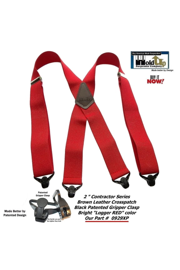 Holdup Heavy Duty Logger RED 2" Wide X-back Work Suspenders with USA Patented Gripper Clasps