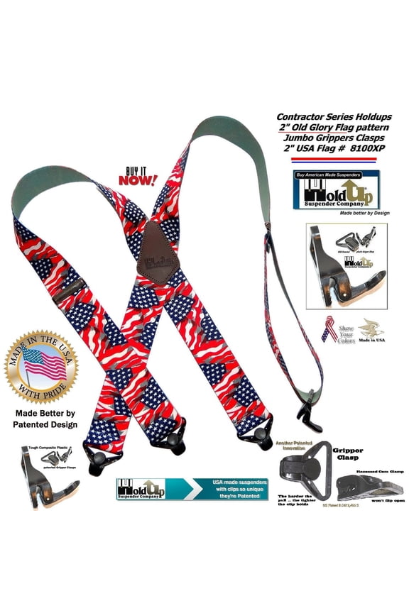 Holdup Old Glory US Flag pattern X-back Suspenders with super strong black Gripper Clasps