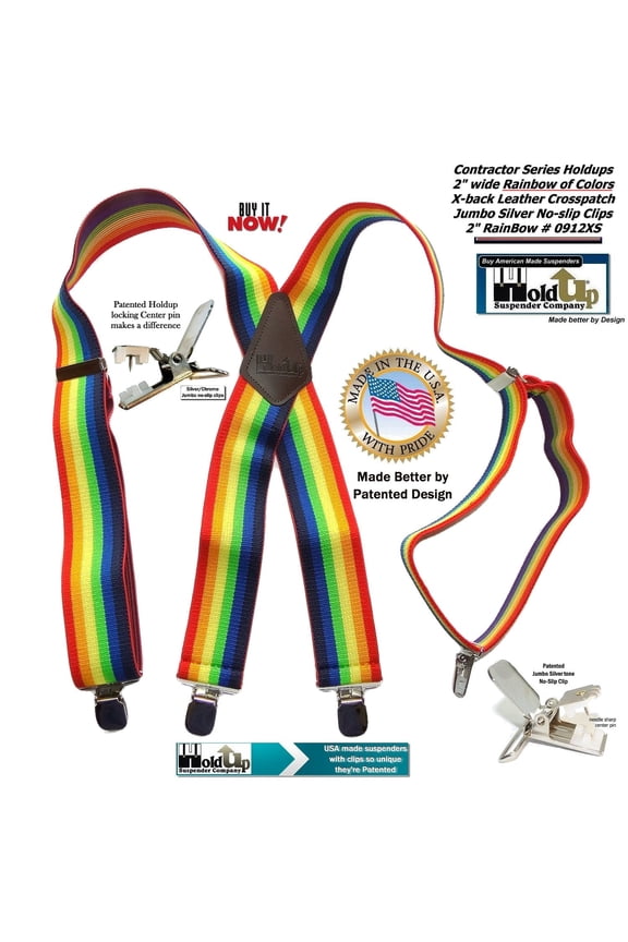 Holdup Rainbow of Colors wide work X-back Suspenders with Patented jumbo no-slip clips