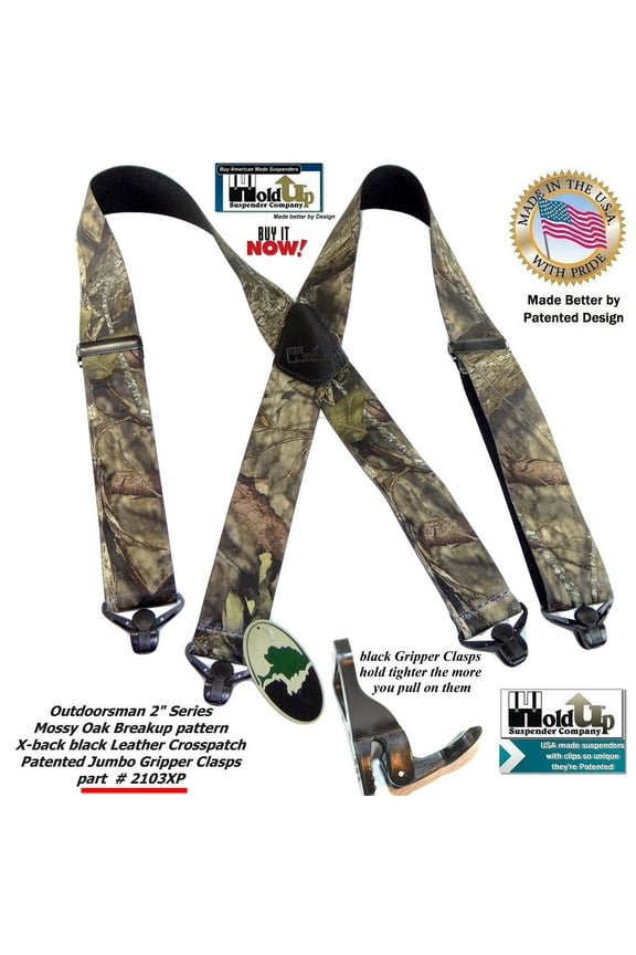 Company Mossy Oak Breakup Camoflage Pattern Suspenders in X-Back style and Patented Gripper Clasps