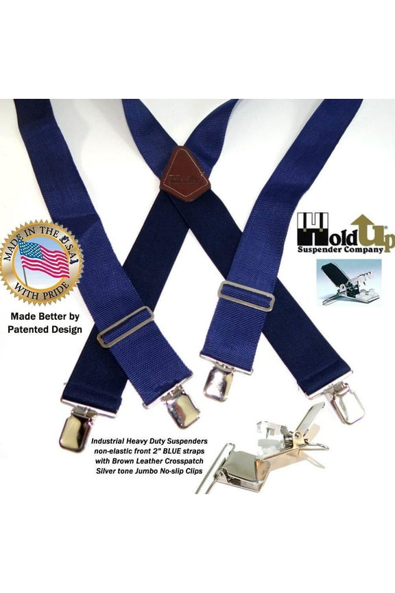 Company dark Blue Industrial heavy duty 2" Wide Non-elastic Suspenders with Patented No-slip Jumbo Silver Clips
