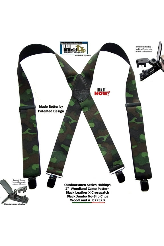 Holdup brand Woodland Camouflage pattern Hunting Suspenders with black USA Patented No-slip Clips