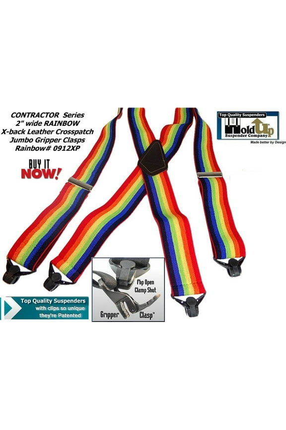Holdup brand wide Rainbow of Color X-back Suspenders with USA Patented Gripper Clasps