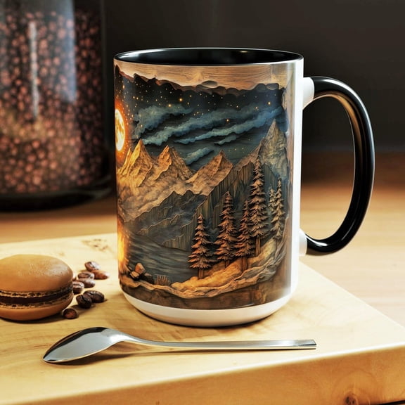 Hole In Wall Mug Camping Mountain Night Mug Rustic Cabin Coffee Cup Carved Wood Forest Art Camping Cup