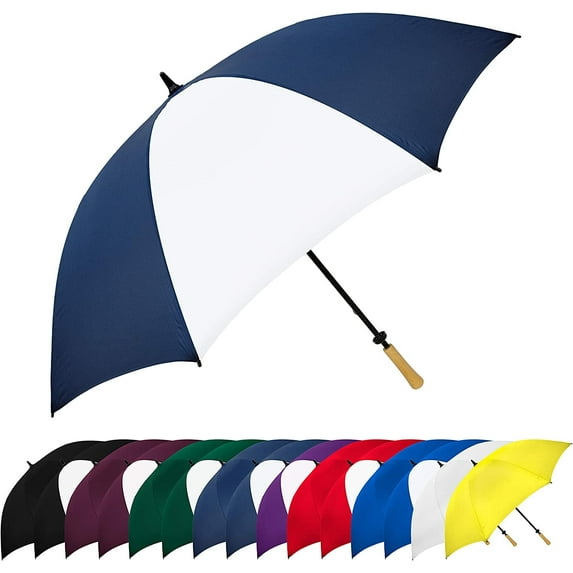 The Hole In One 62 Inch Large Oversize Windproof Golf Umbrella For Men And Women, 8 Strong Fiberglass Ribs Portable Umbrella, 2 Person Umbrella with Wooden Handle for Men & Women, Navy Blue/White