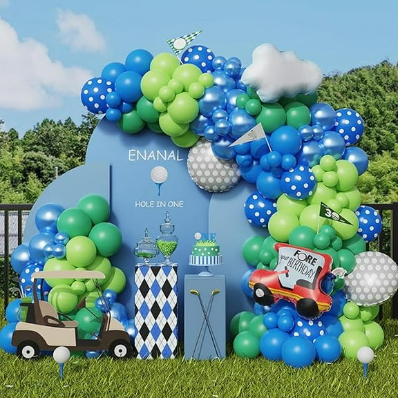 Hole in One Balloon Garland Arch Kit, 151pcs Blue Green Balloon with Golf Cart and Golf Foil Balloons for Partee Time First Birthday Men Boy Golf Party Decorations Sports Party Supplies