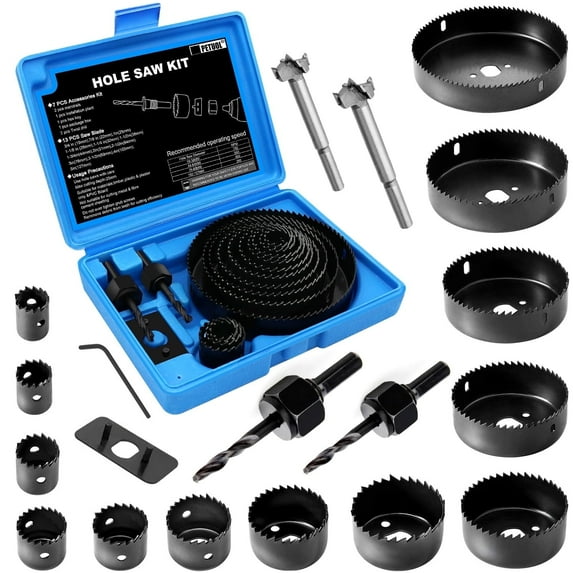 Hole Saw Kit 22pcs 3/4"-5" Full Set in Case with Mandrels, Hex Key and Install Plate, Ideal for Soft Wood, Plywood, Drywall, PVC